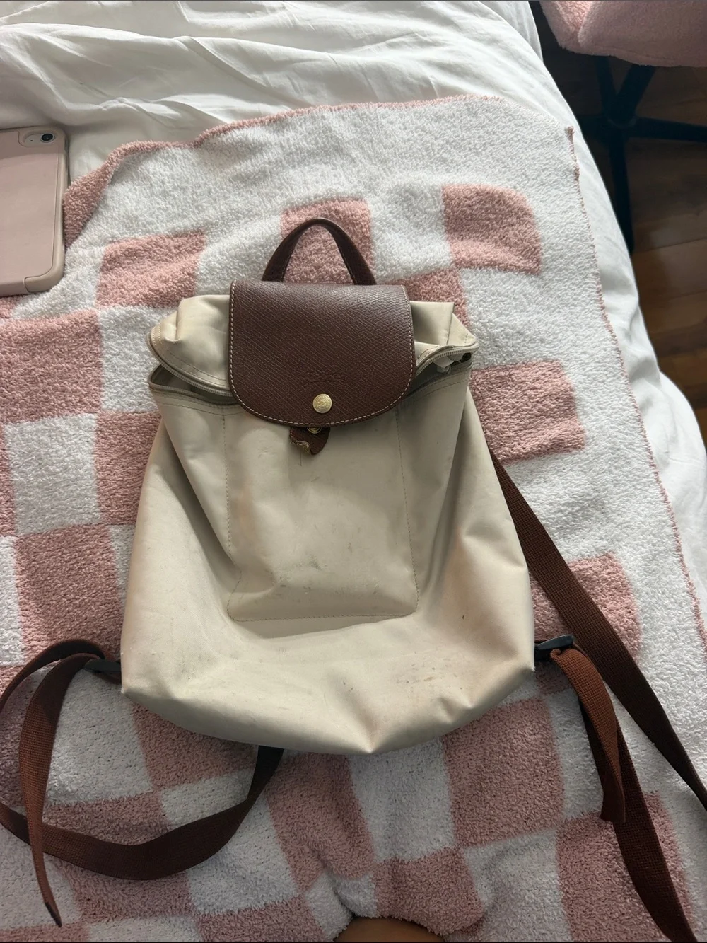 Longchamp Cream and Brown Le Pliage Small Backpack